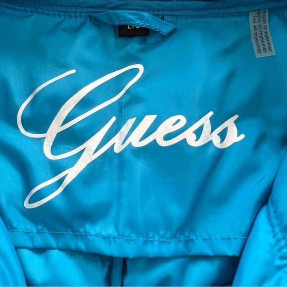 Guess Lightweight Puffer Jacket Coat Sky Blue Packable Travel SZ L - Picture 5 of 14